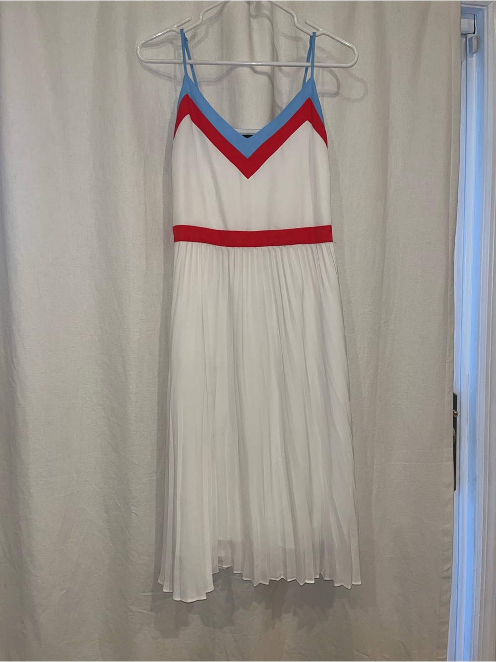 Banana Republic White Midi Dress with Blue and Red Trim